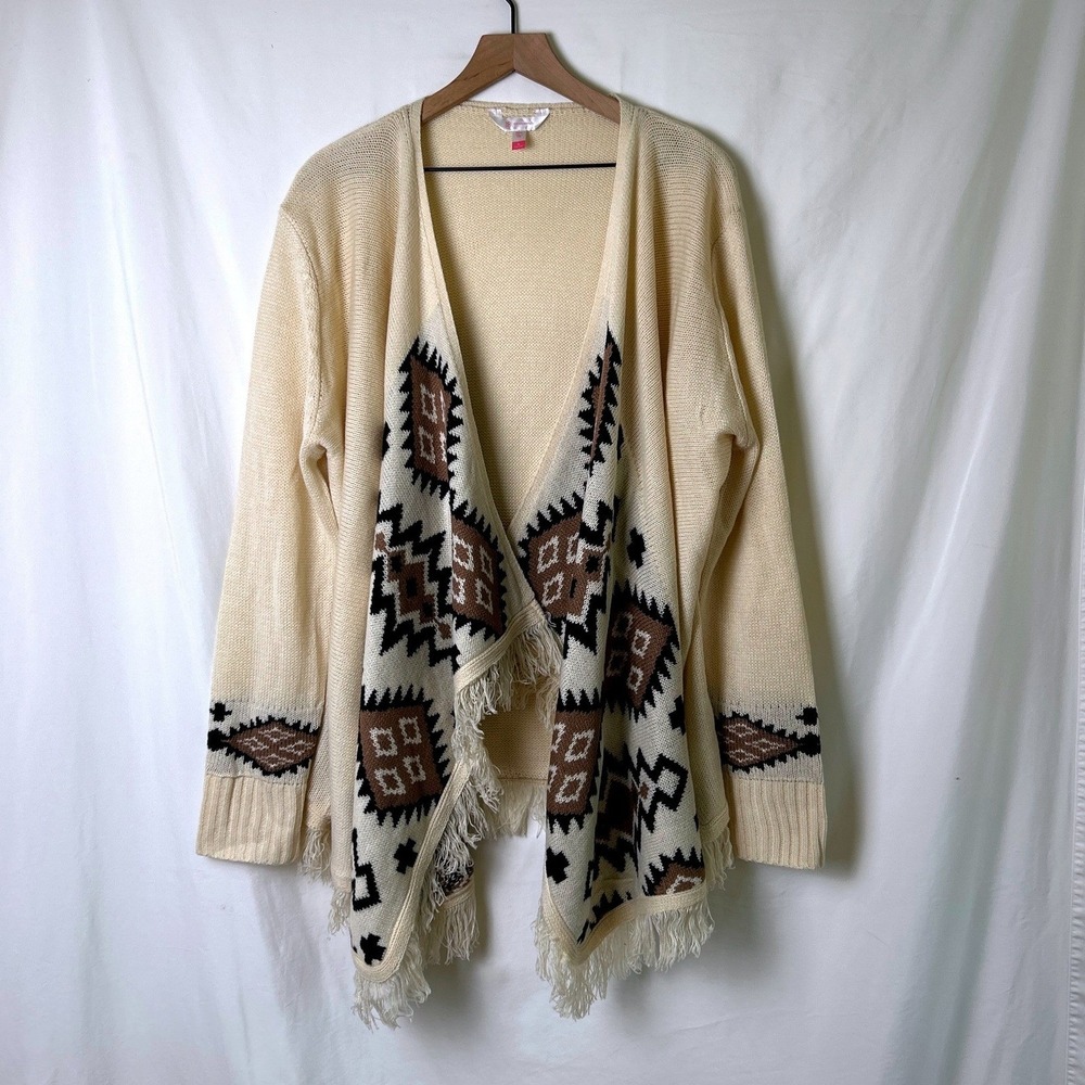 No Boundaries Women Southwestern Fringe Draped Open Cardigan Size XL Cream Brown